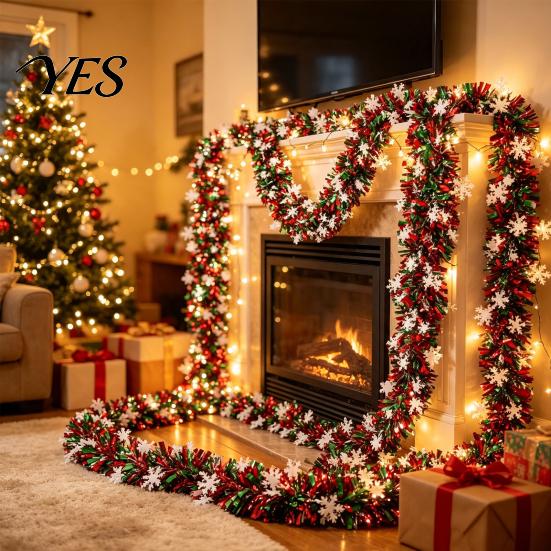 Soft Madder Top Christmas Ornament 78 Inch Green Red Garland, Metallic Tinsel Twist Hanging Garland with Winter Holiday Door Frame Decor Snowflake for