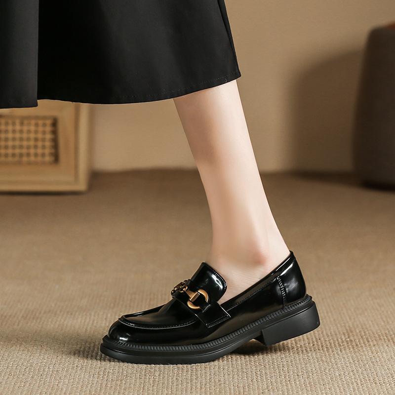 Лакированные кожаные лоферы, одинарные туфли без шнуровки, кожаные женские туфли с толстой подошвой и нескользящим круглым носком, Англия