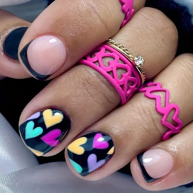 Valentine's Day, Nail Art Sweet Cool Cute Color Love Black French Short Square Wear Nail Wholesale