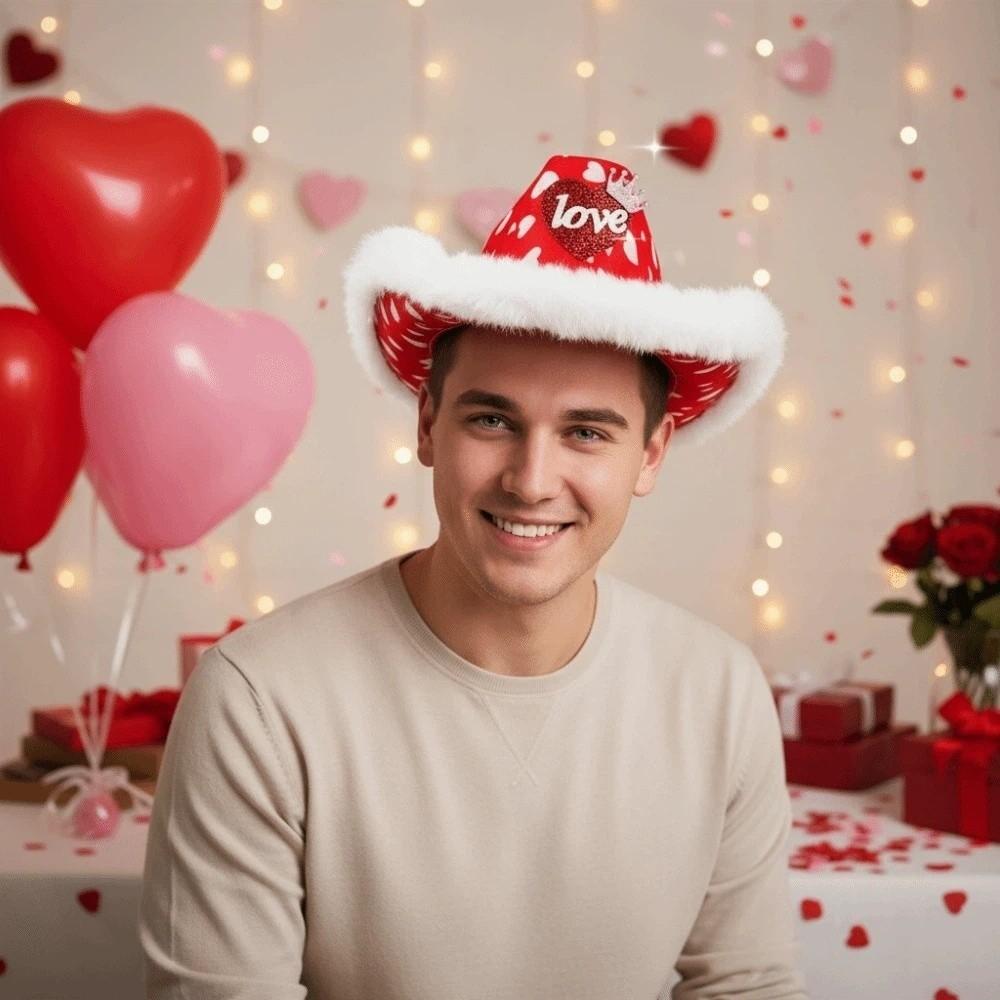 Широкополая Красная Шляпа Ковбоя с Сердечком Теплая Шапка для Вечеринки на День Святого Валентина Крутая Шляпа Ковбойши Топ-Шляпа для Модного Показа