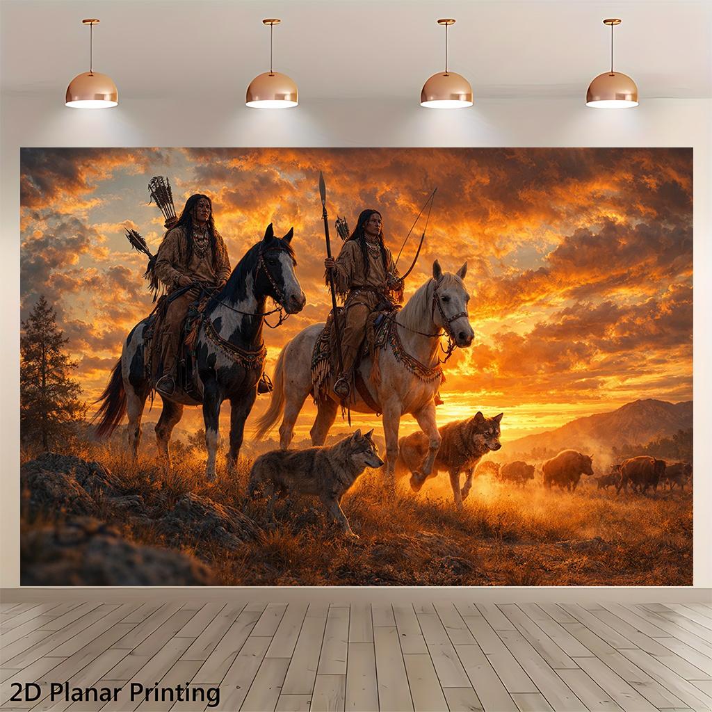 Episches Native-American-Wild-West-Pferde-Sonnenuntergang-Wanddekor-Leinwand-Poster-Kunstdruck Kino-Abenteuer-Heimgeschenk