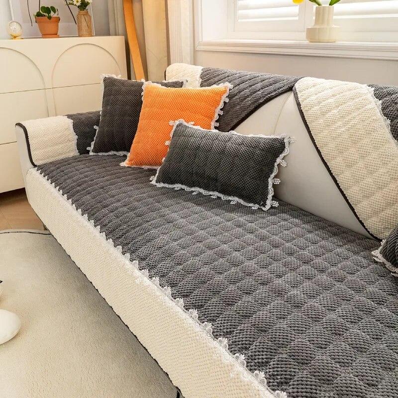 Winter Thicken Plush Sofa Cover White Wide Edge Chaise Lounge Sofa Towel Mat Modern Non-Slip Couch Cover Cushions Living Room
