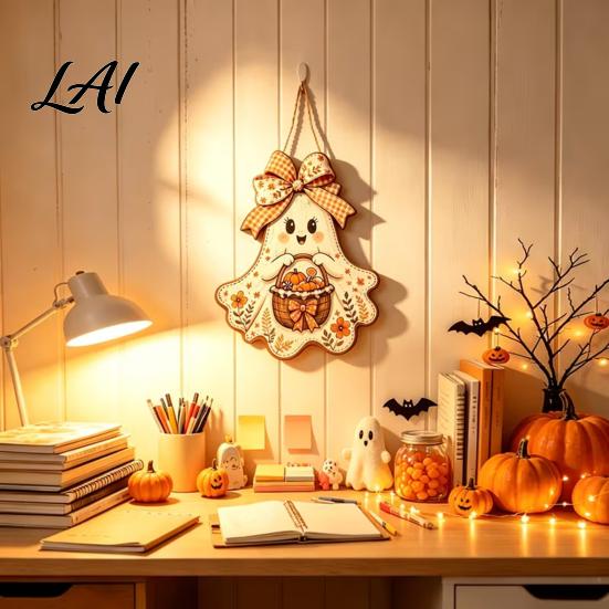 Wooden Ghost Wall Decor Cute Bow Hanging Sign Rustic Retro Floral Door Sign with Pumpkin Harvest Art Basket Vintage Halloween Pendant for