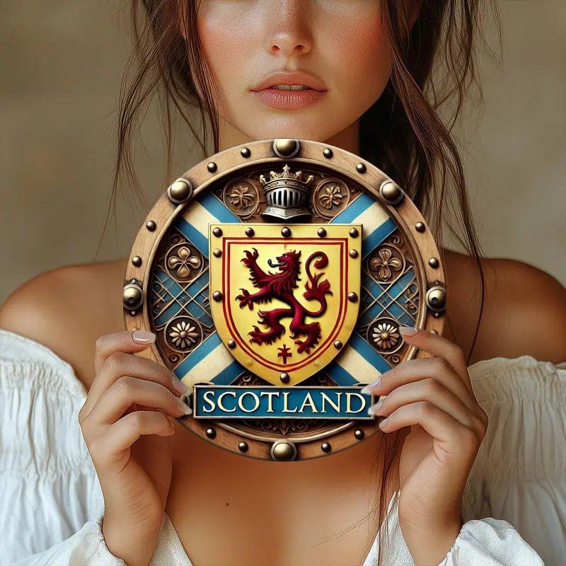 Винтажная круглая алюминиевая настенная табличка с шотландским львом, стоящим на задних лапах