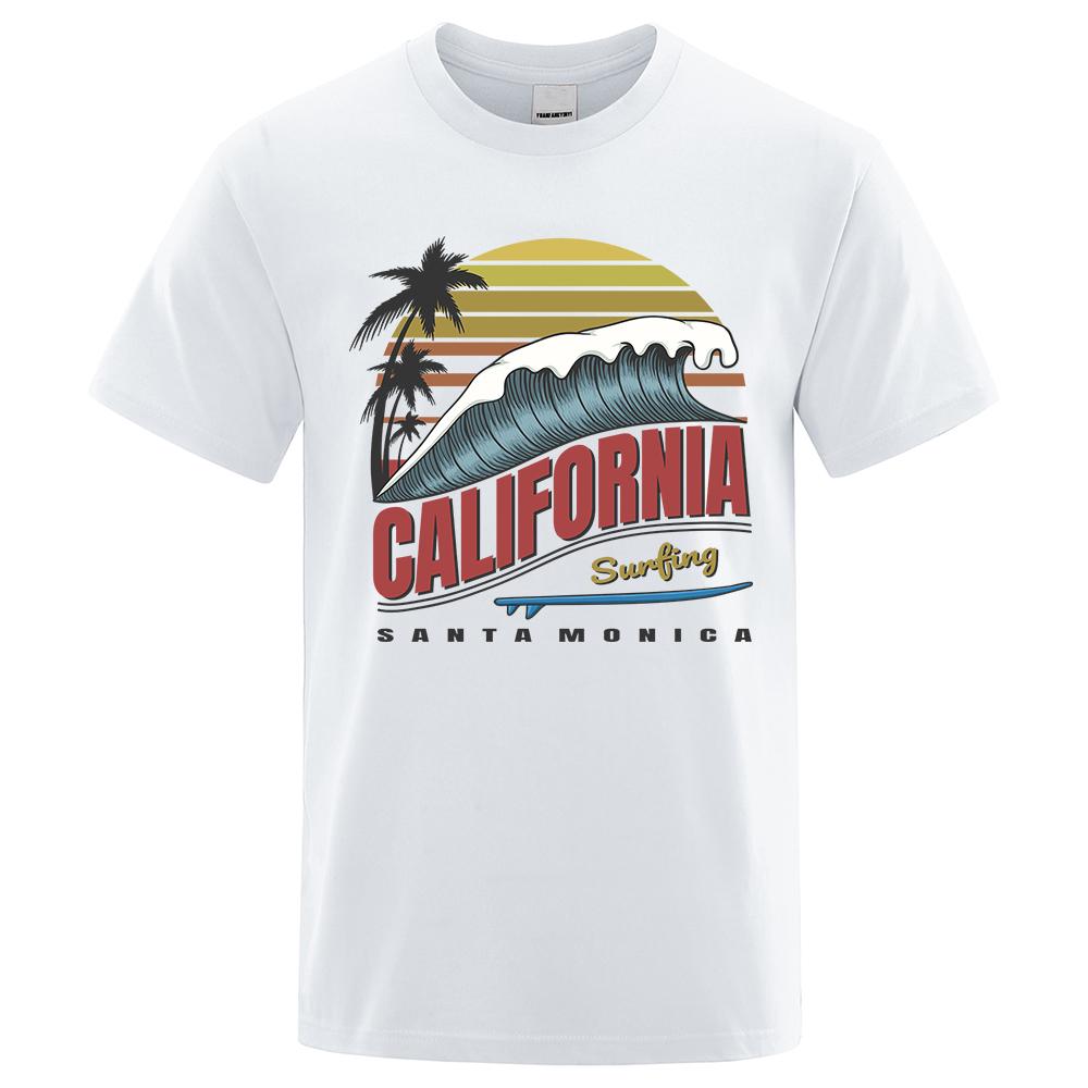 California Surfing Santa Monica Beach Printed Clothes Men Breathable Oversize T-Shirt Summer Cotton Tee Clothes Crewneck T-Shirt