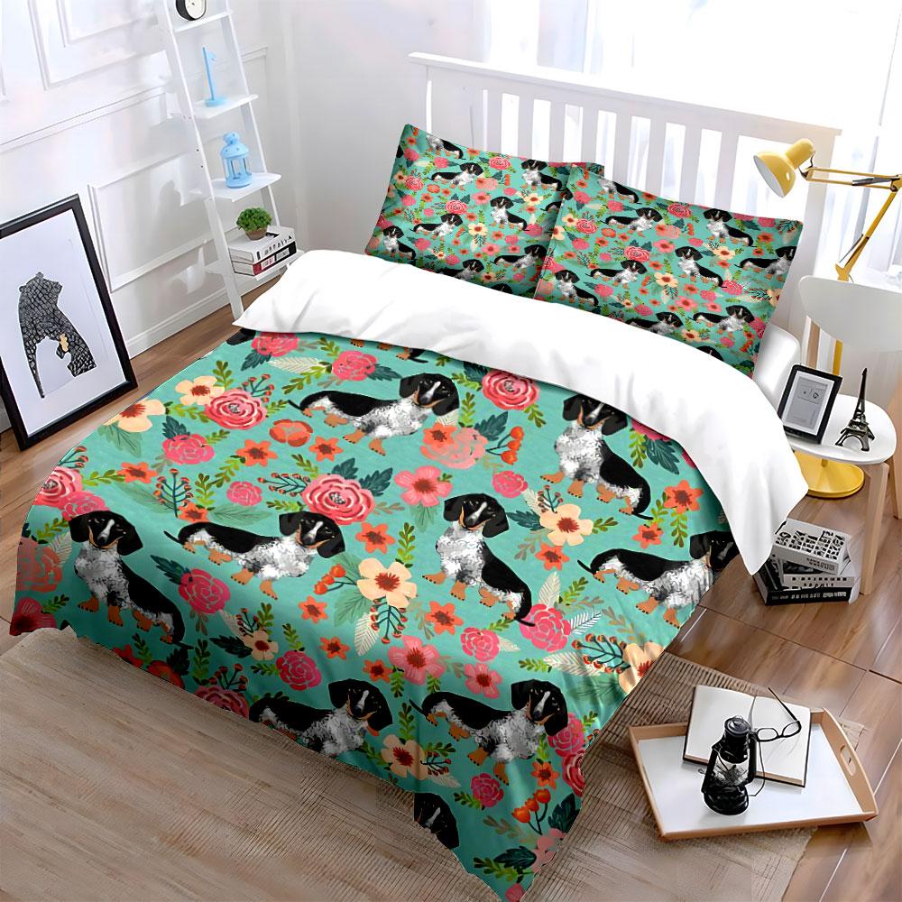 Dachshund Floral Pattern Design Bedding Duvet Cover Set Duvet Cover Pillowcases (1*Duvet Cover 2*Pillowcases, without duvet insert)