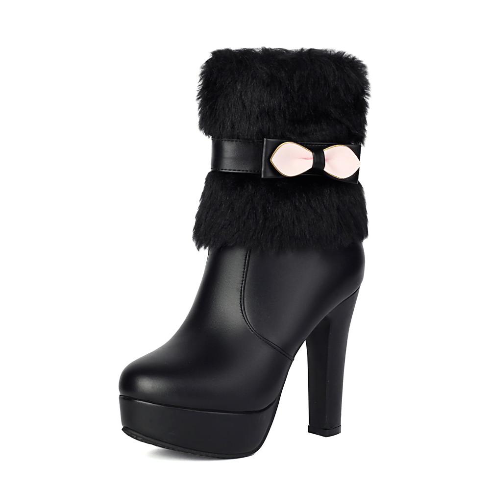 Мода 2025 Зима Женская Мода Сапоги на Высоком Каблуке Белые Черные Меховые Кисточки Бант Прелестные Лолита Женские Вечерние Свадебные Туфли Размер 35-43