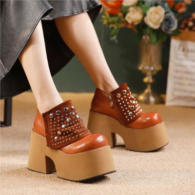 Ботильоны на массивной платформе из натуральной кожи, модные заклепки, толстая подошва 10 см, женская обувь