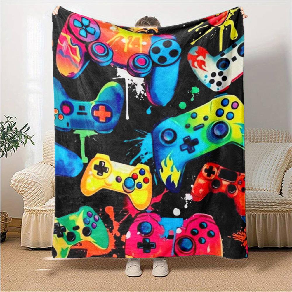 Colorful Game Controller Graffiti Splash Print Flannel Blanket Black Background Gaming Graphic Soft Throw Blanket Gamer Bedroom Home Decor
