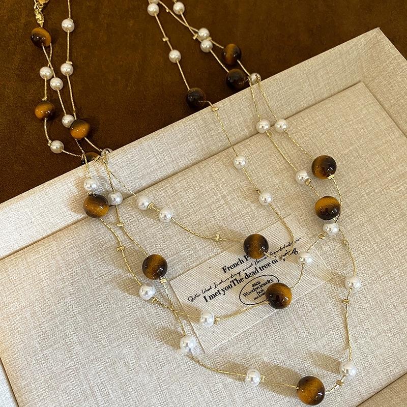 Модное Винтажное Многослойное Ожерелье с Тигровым Глазом и Жемчугом для Женщин Модное Осенне-Зимнее Шарм-Украшение
