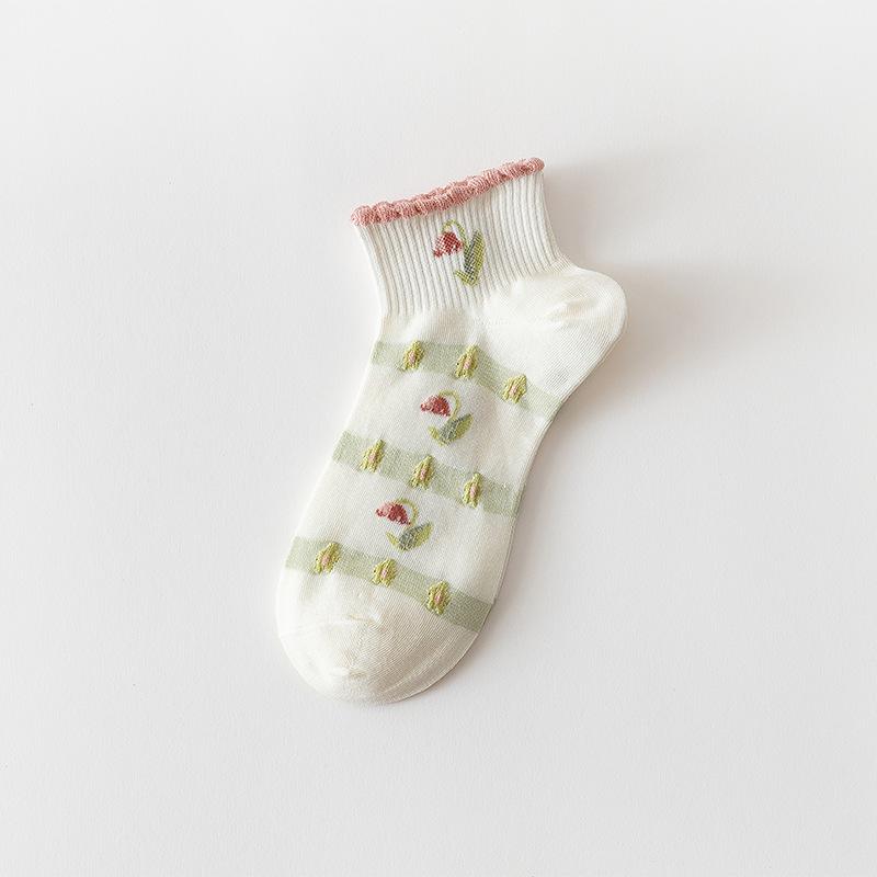 Women's Spring and Summer White Japanese-Style Cartoon Tulip Short Socks.