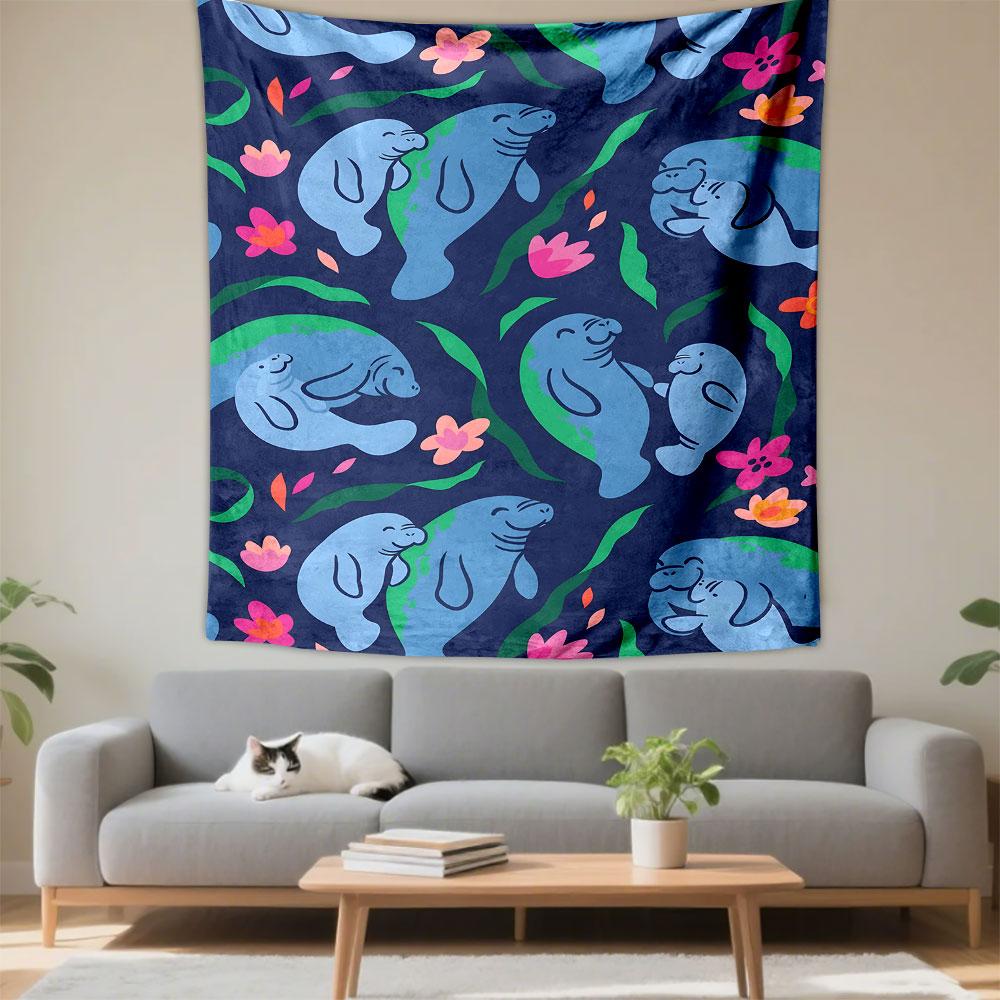 Cute Manatee Family with Floral Pattern Patterned Tapestry Decorative Wall Hanging, Home Bedroom Living Room Decor