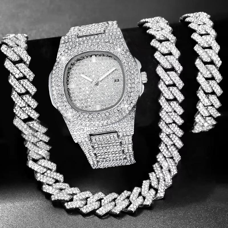 3PCS Luxury Rhinestone Men Watch Cuban Chain Jewelry Set Hip Pop Square Quartz Watches Accessories Gift Relogio Masculino