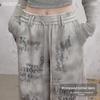 unifree Letter Print Tie-Dye Distressed Loose Straight-Leg Pants