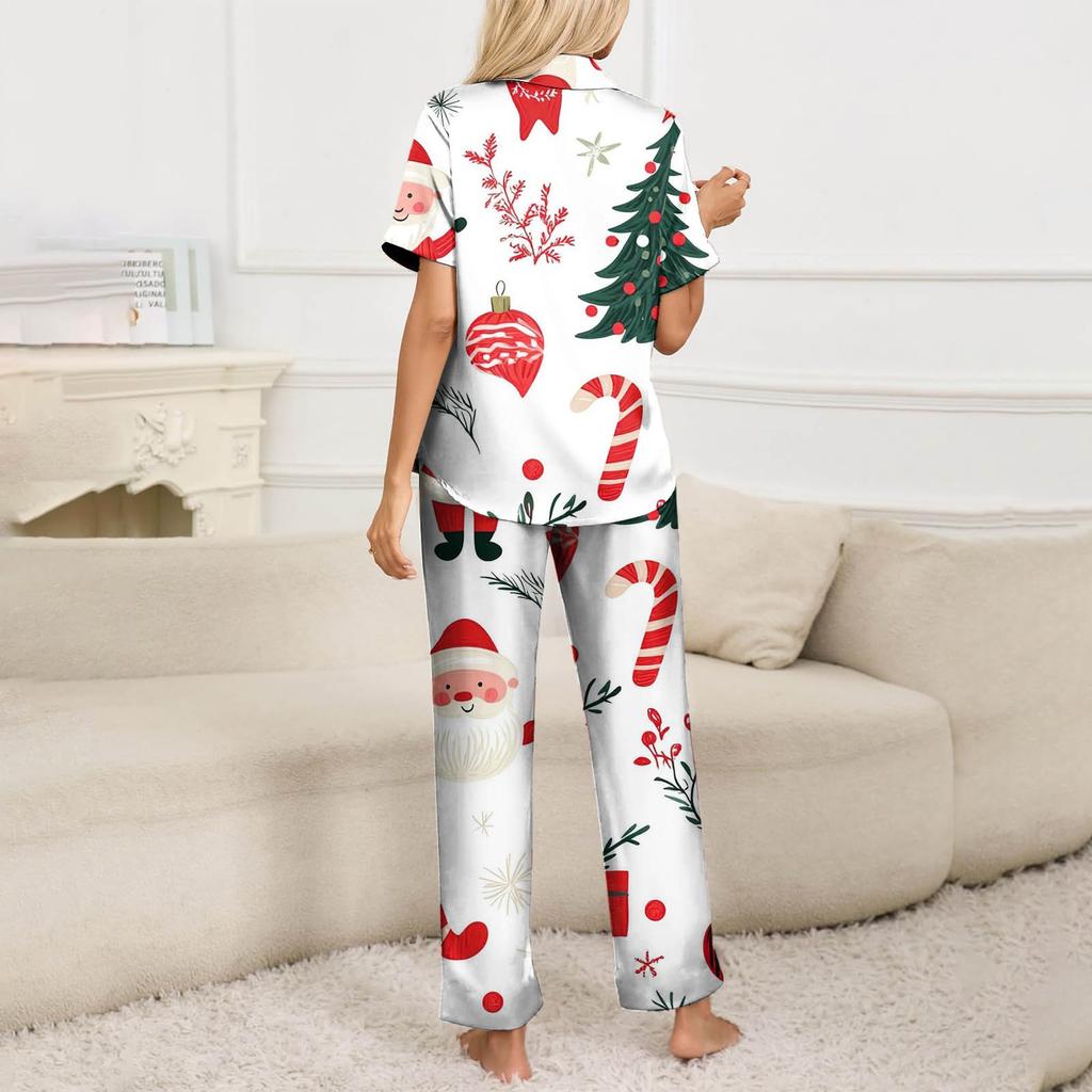 Женский рождественский пижамный комплект с принтом, женские короткие рукава, длинные брюки, комплект из двух предметов, застегивающийся на пуговицы, домашняя одежда