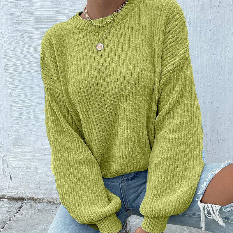 Женский короткий однотонный вязаный свитер с круглым вырезом и длинными рукавами из шенилла, свободный базовый свитер