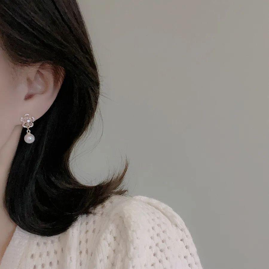 Elegant Zircon Imitation Pearl Flower Stud Earrings For Women Exquisite Party Christmas Jewelry Gift