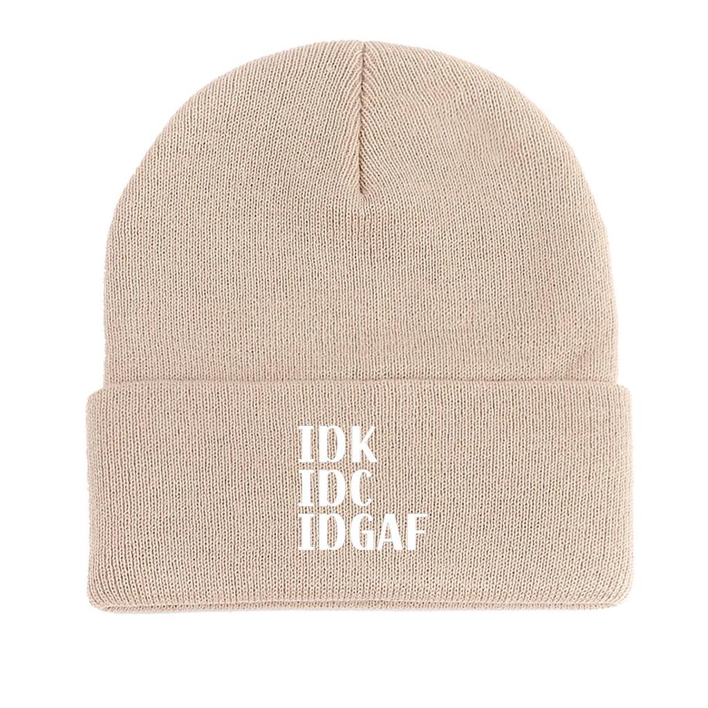 IDK IDC IDGAF" Winter Knit Hat Beanie, White Text Skullies Beanies Warm Winter Sporting Gorro Knitted Cap Beanie