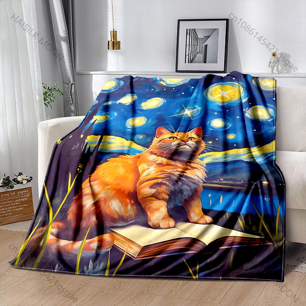 1PC Cat on book, night sky Print Adult Children Warm Blankets Home Travel Car Soft and Comfortable Suitable for all seasons