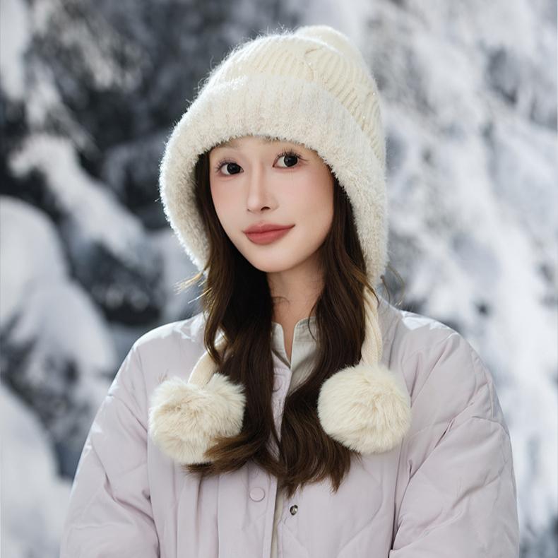 Осенне-зимняя шапка женская милая с помпоном, плюшевая из кроличьего пуха, теплая, модная, с защитой ушей, шерстяная шапка