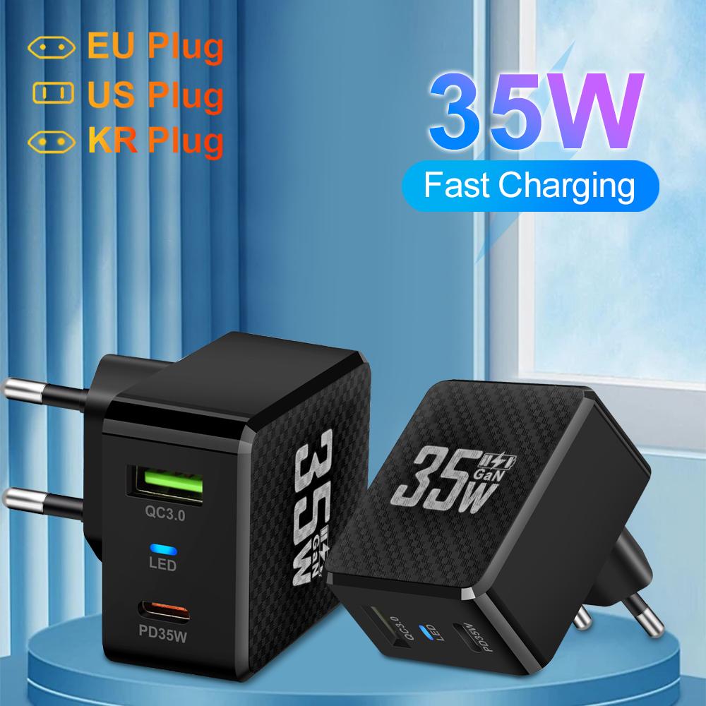2 Ports Mini 35W GaN USB Type C Charger QC3.0 Portable Fast Charging For 14 Pro 13 Samsung KR/EU/US/UK Plug