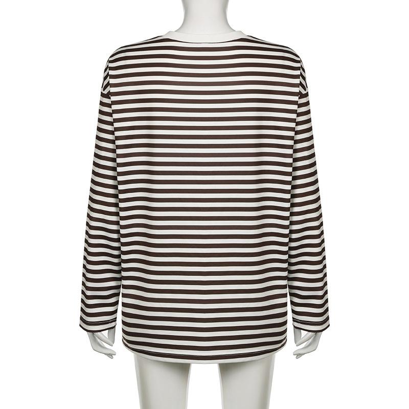 Striped T-shirt Women's Loose Round Neck Long Sleeved Top Retro Contrasting Color Basic Style Thin Commuting 2025 Spring/Summer