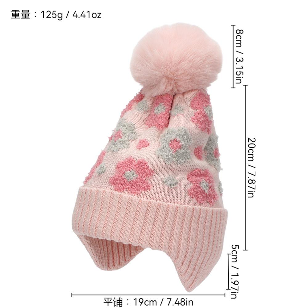 New girls jacquard flower knitted hat winter warm and plush children's hairball ear protection hat