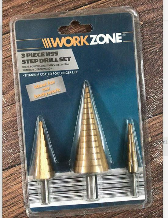 Large Titanium-Plated Step Drill Set: 4-32mm, 4-20mm, 4-12mm, Triangular Handle, Straight Flute, Pagoda Hole Opener