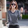 2023 Spring New Korean Style Striped Long Sleeve T-Shirt Women's V-Neck Loose Women's Top