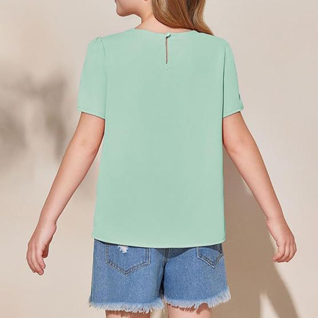 Children's Short-sleeved Solid Color T-shirt For Girls With Puffed Sleeve Chiffon Top