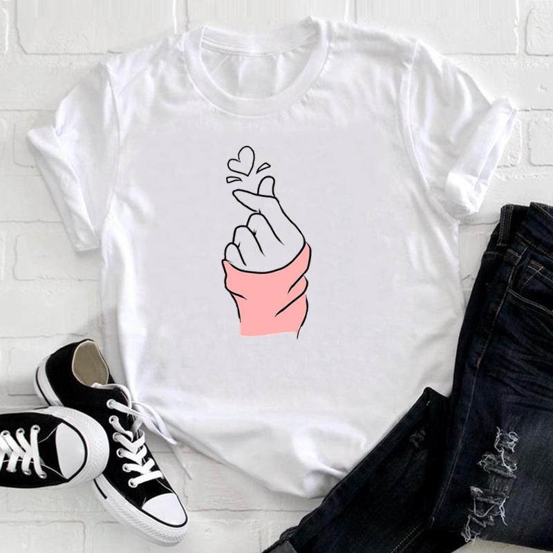 (Asian Size) Tee Top Fashion T Shirt Watercolor Love Heart Trend Cute Women Print Lady Female  Clothing Casual Short Sleeve Graphic T-shirt