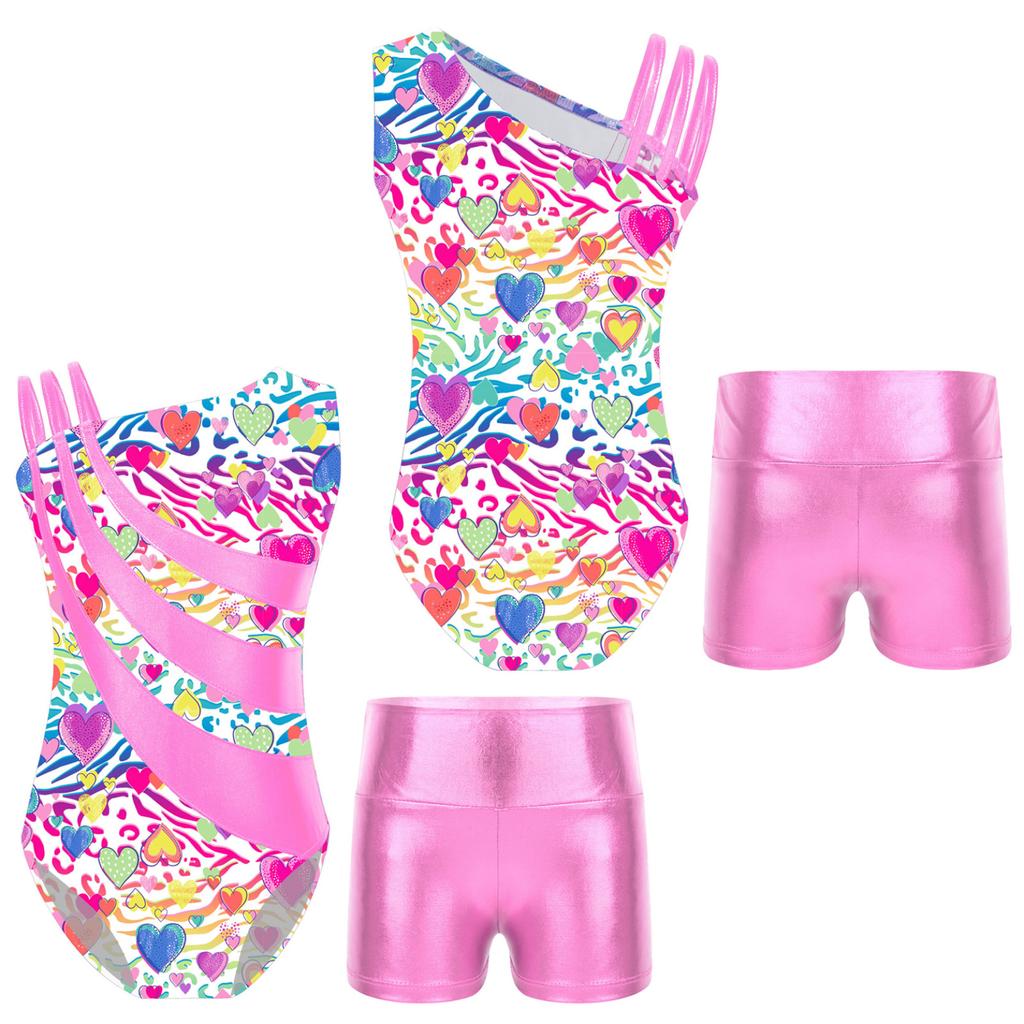 Детские гимнастические купальники без рукавов с асимметричными бретелями и шортами для девочек, спортивные танцевальные велосипедки