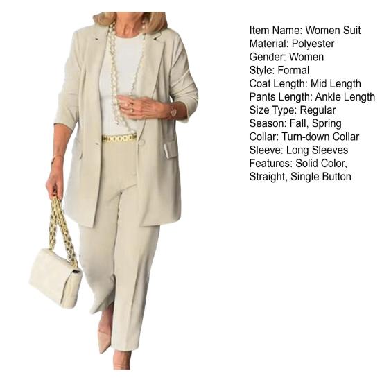 2 Pcs/Set Women Suit Coat Pants Set Single Button Lapel Long Sleeves Soid Color High Waist Straight Trousers OL Commute Business Formal Style Outfit