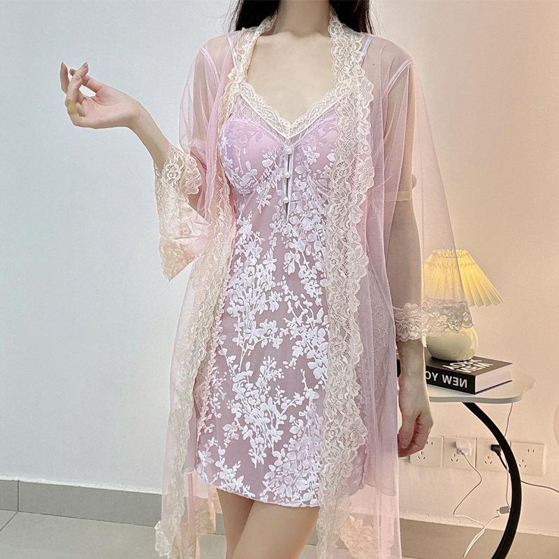 New summer ice silk burned flower suspender nightdress sexy pure style beautiful back lace lace with chest pad pajamas
