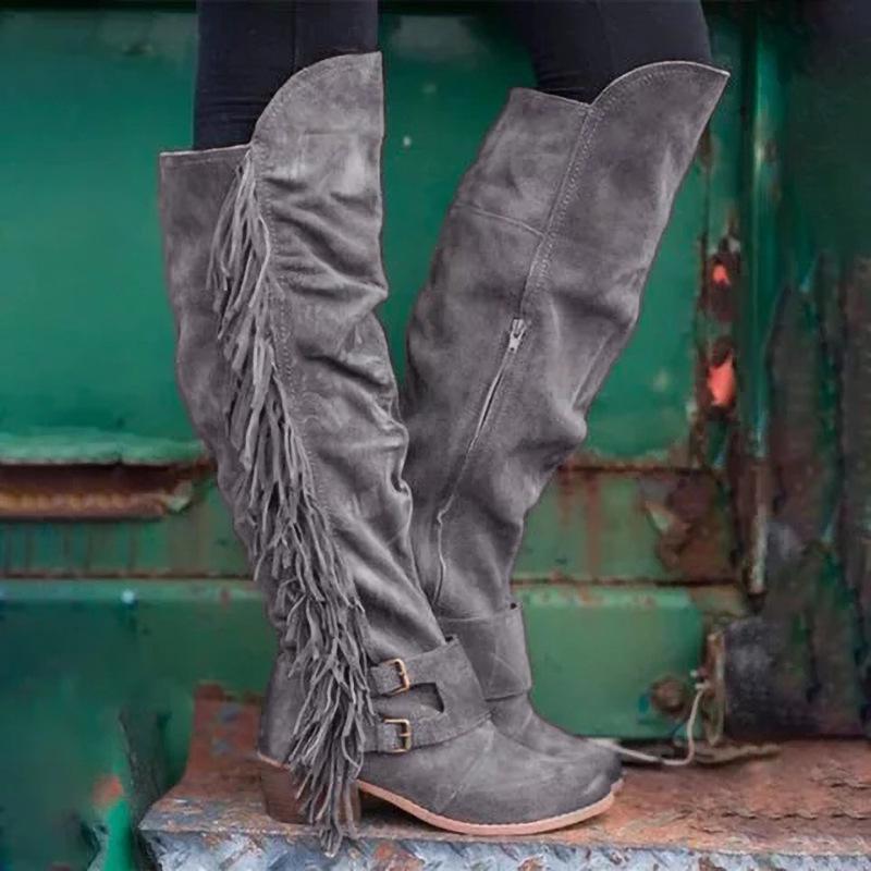 Women's Winter Retro Round Toe Zipper Boots Thick Heel Brown Long Tassel Boots Halloween Costume Party Cosplay Shoes 2025