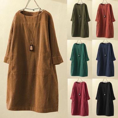 Женские винтажные карманы вельветовое однотонное свободное повседневное платье с длинным рукавом