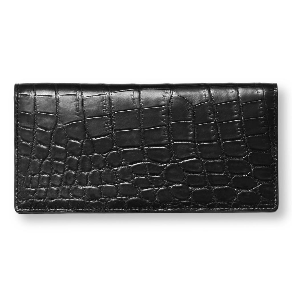 CLW Crocodile Leather Works Slim-Drawstring Long Wallet (Billfold) in Matte Black. Made in Japan. Men's Ultra-Thin Long Wallet with Slim Gusset. A