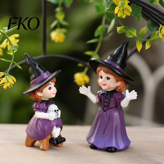 Resin Witch Collectibles 2PCS Purple Statues, Halloween Ornaments, Miniature Cute Table Decor Scenes Figurines, for Home Desktop Decoration