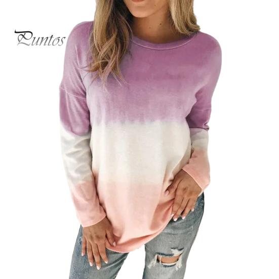 Женские топы с круглым вырезом и длинным рукавом, цветная футболка с принтом тай-дай, свободный крой, свитер, толстовка, повседневная одежда