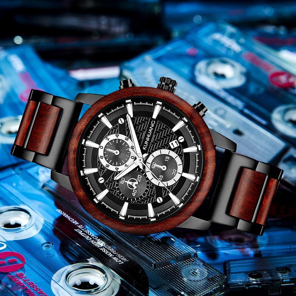 Wood Watches Luxury Luminous Multi-function Wooden Men's Chronograph Quartz Retro Watch Fashion Sport Timepieces
