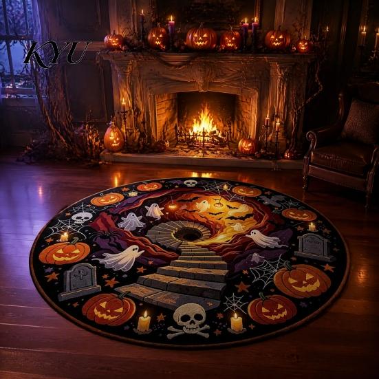 Soft Crystal Velvet Mat 3D Illusion Halloween Rug, Spooky Ghost Round Area Non-Slip Rug Floor for Living Room Bedroom Entrance Home Decor Holiday