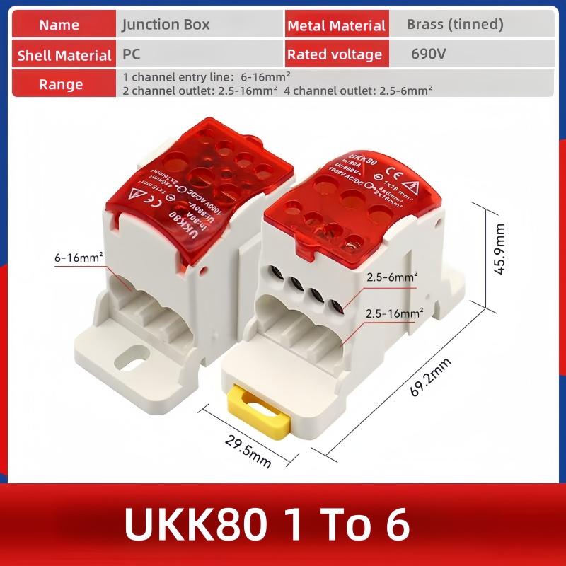 NEW DIN Rail Terminal Block UKK Series 80A Distribution Box One In Six Out Power Wire Electrical Connector Junction Equipment