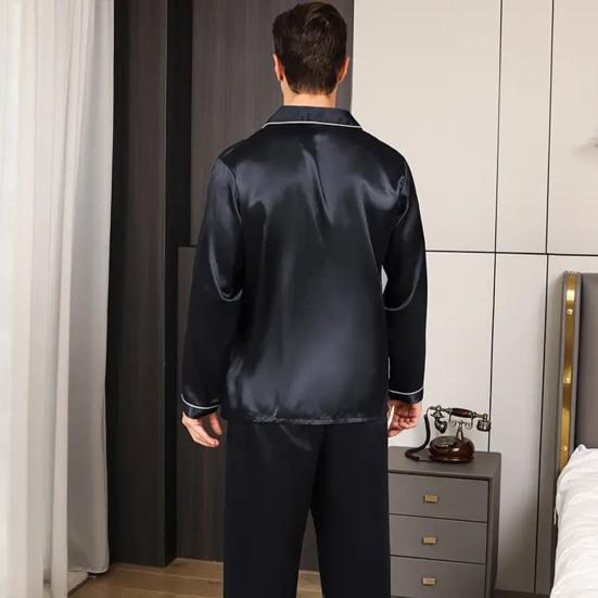 2 шт./компл. Шелковый атласный мужской пижамный комплект с пуговицами, длинный рукав, пижамный топ с воротником-стойкой