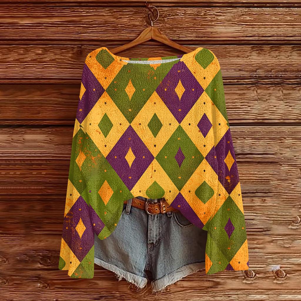 Women's Casual Fashion Round Neck Top Carnival Print Long Sleeve Knit Pullover