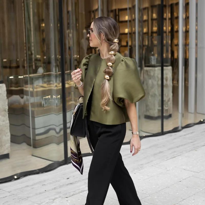 Women's Blouse Top with Puffe Sleeve Solid Satin Shirt New Spring Summer Female Sleeves O Neck Loose Short Shirt Female Blouses