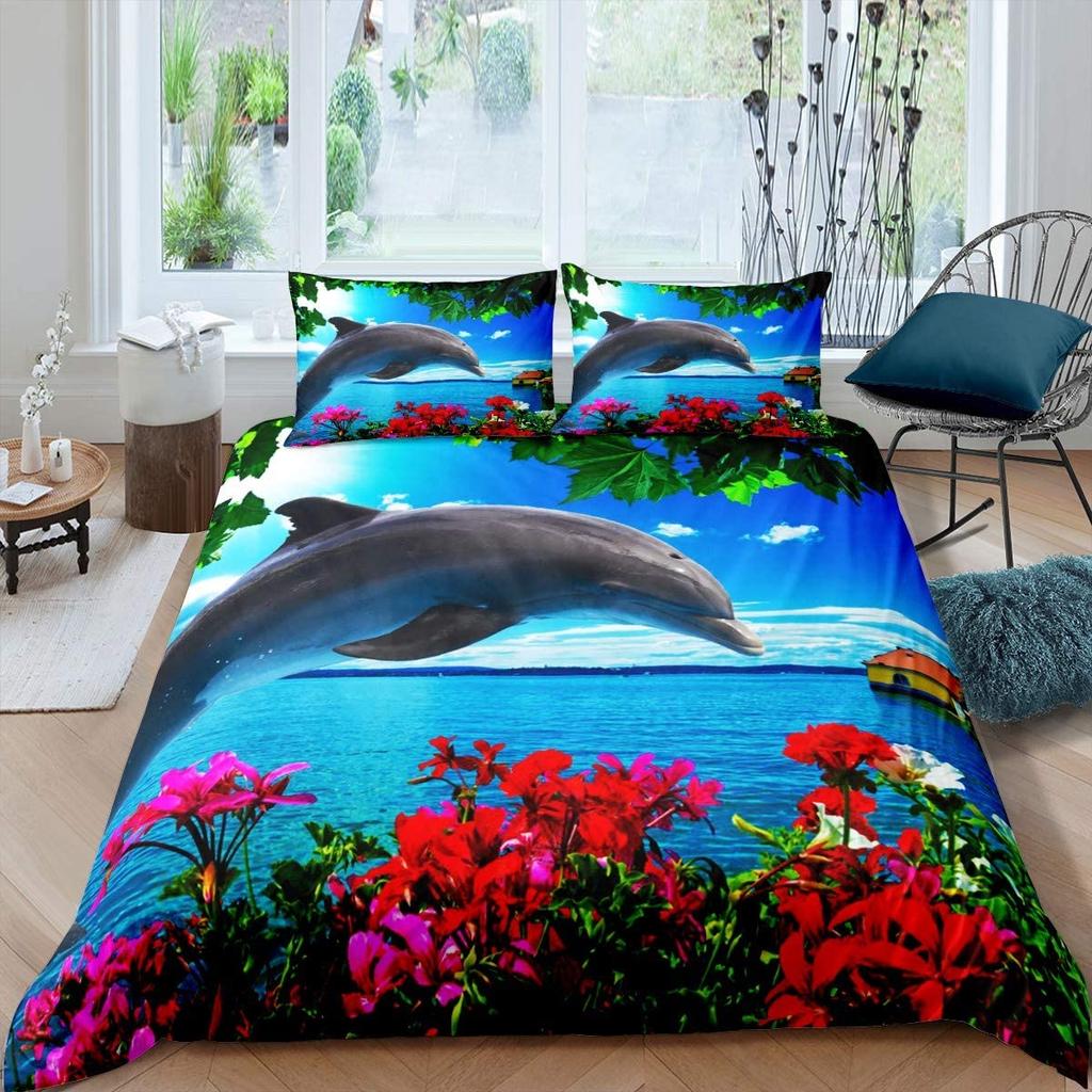 Dolphin Duvet Cover Set Cute Kawaii Wild Animals King Queen Full Size Polyester Bedding Set For Boys Girls Comforter Cover
