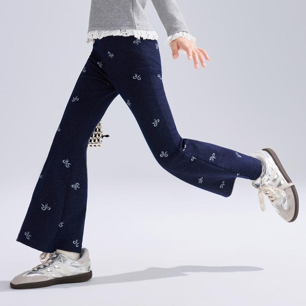 ASK JUNIOR Children's Pants, Spring 2026, for Older Kids, Jacquard Denim Trousers, Girls' Casual Long Pants, Slight Flare, Dark Blue, Size 170