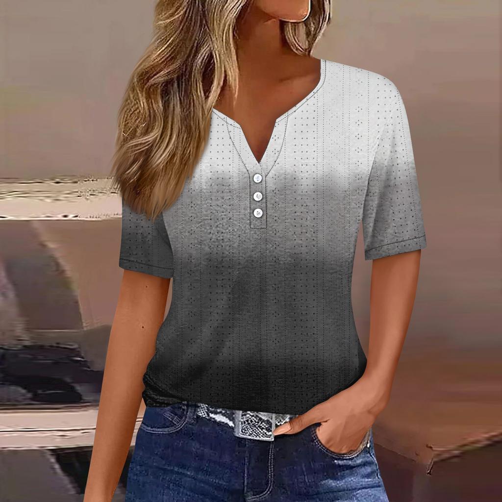 Женская повседневная футболка с v-образным вырезом и короткими рукавами, декоративная футболка на пуговицах, топ