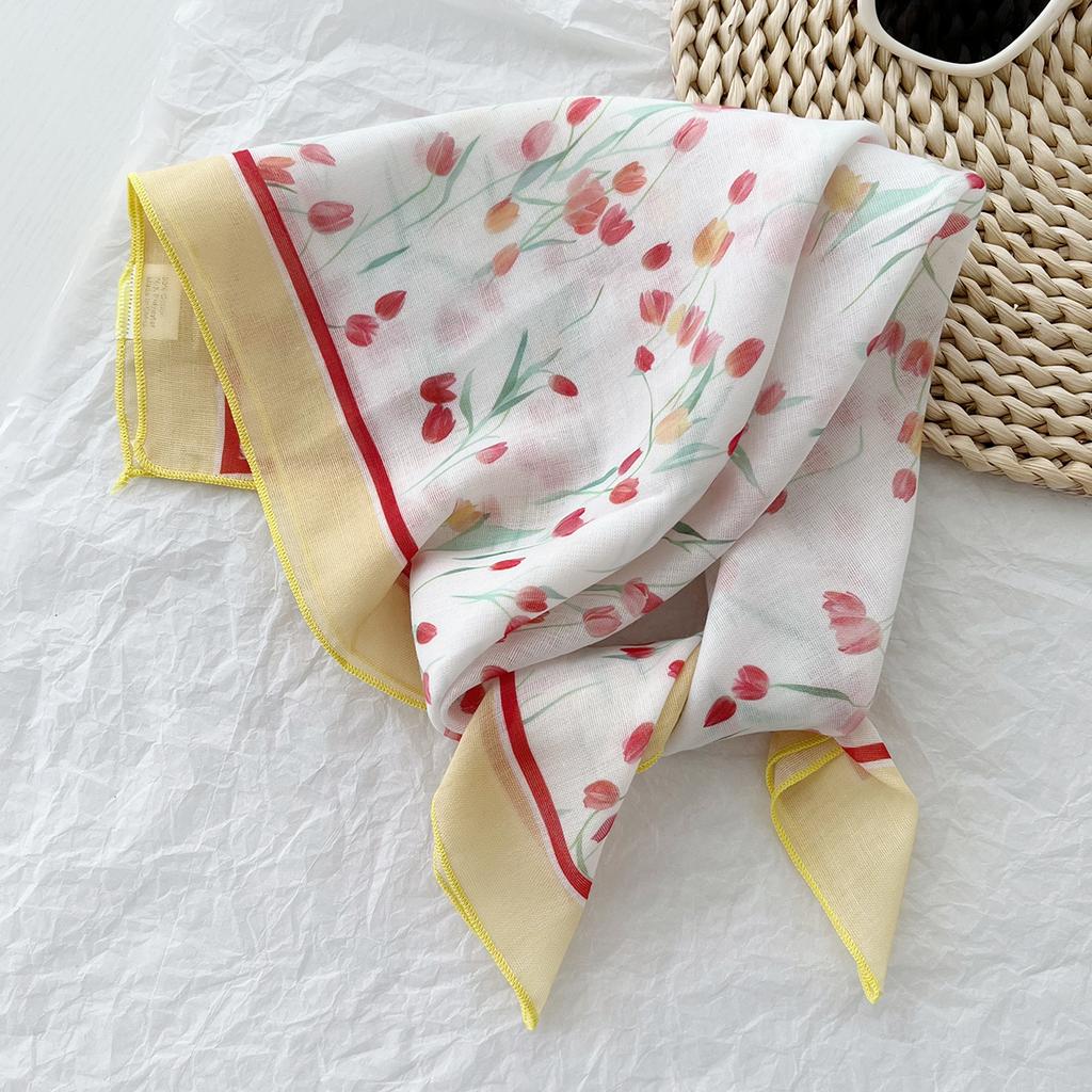 1116 new idyllic floral literary small headscarf spring and summer seaside versatile photo silk scarf multi-functional hair tie