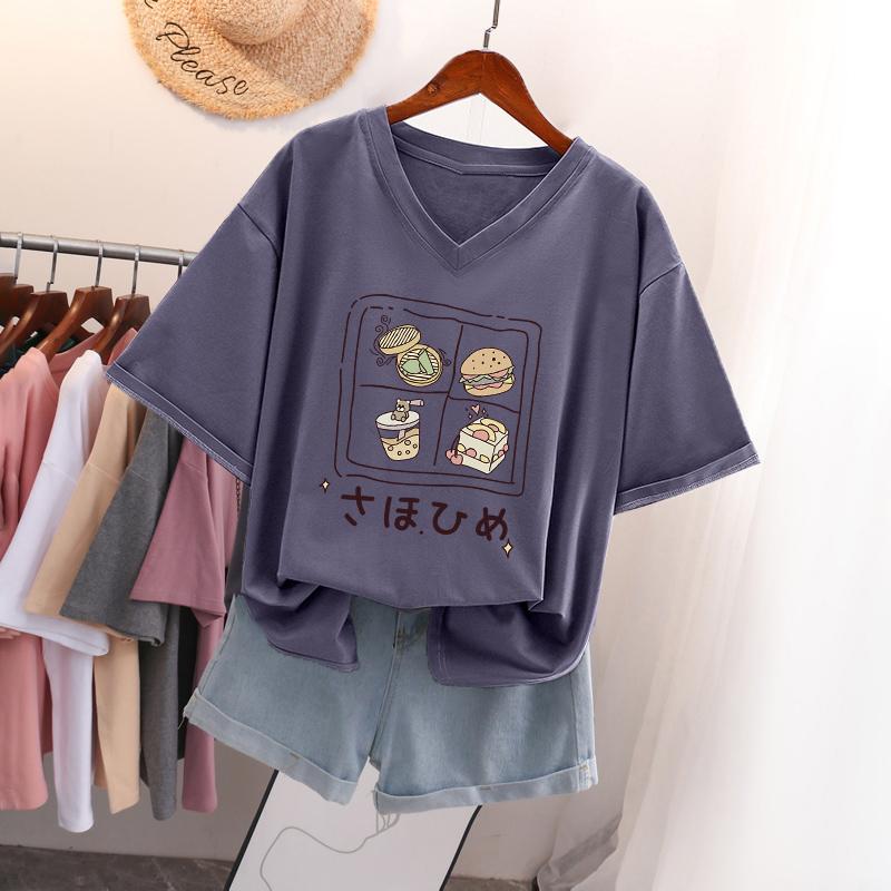 Женская футболка с коротким рукавом, большого размера, свободная и стройнящая, топ с V-образным вырезом с принтом